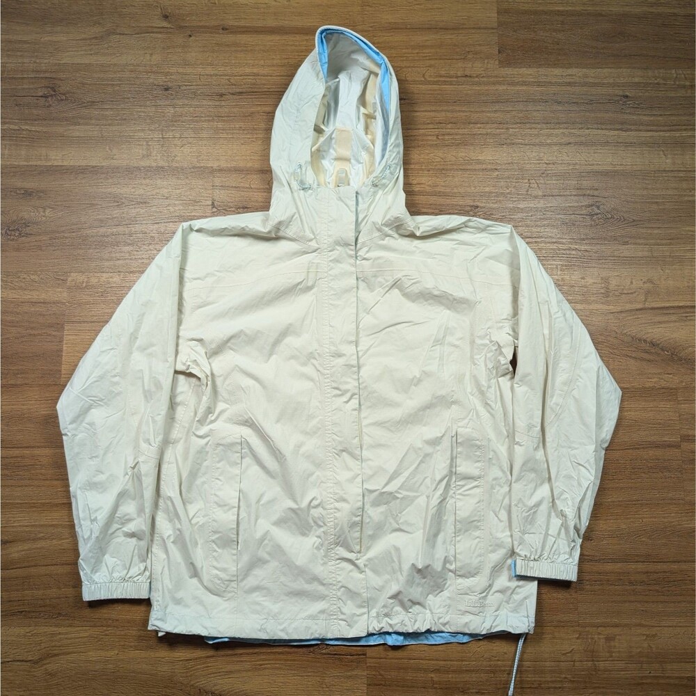 LL Bean Rain Jacket Womens XL White Coat Hooded Nylon Full Zip Shell Outdoors